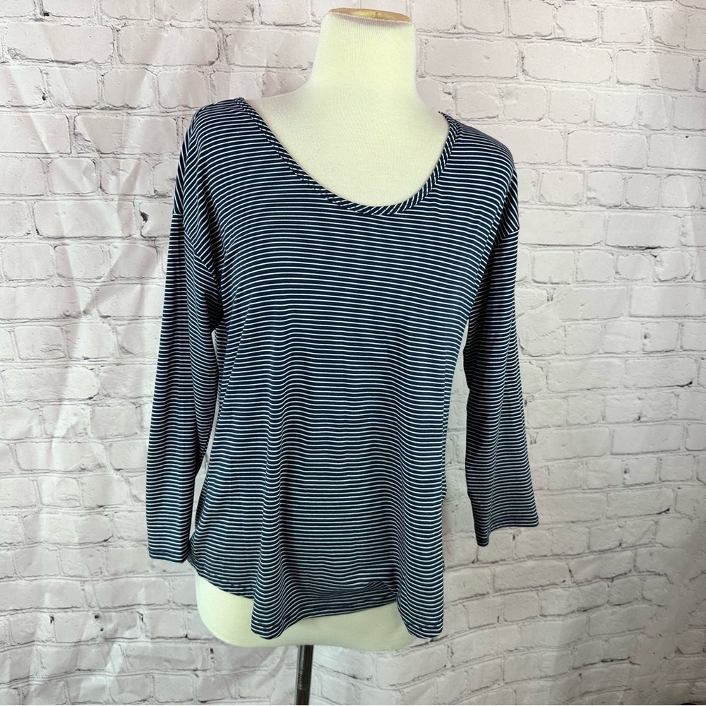 Lands' End Navy Striped 3/4 Sleeve knit tee Top womens S nautical beach travel